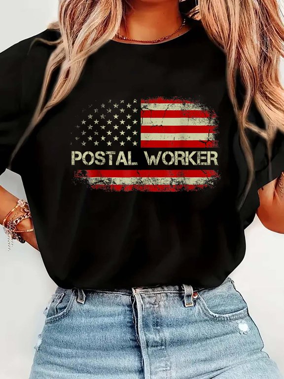 American Postal Worker USA Flag Mailman Mail 4th of July Relaxed Fit Classic Comfort Cotton T-Shirt Women's Graphic Tee Crew Neck summer vacation Tops