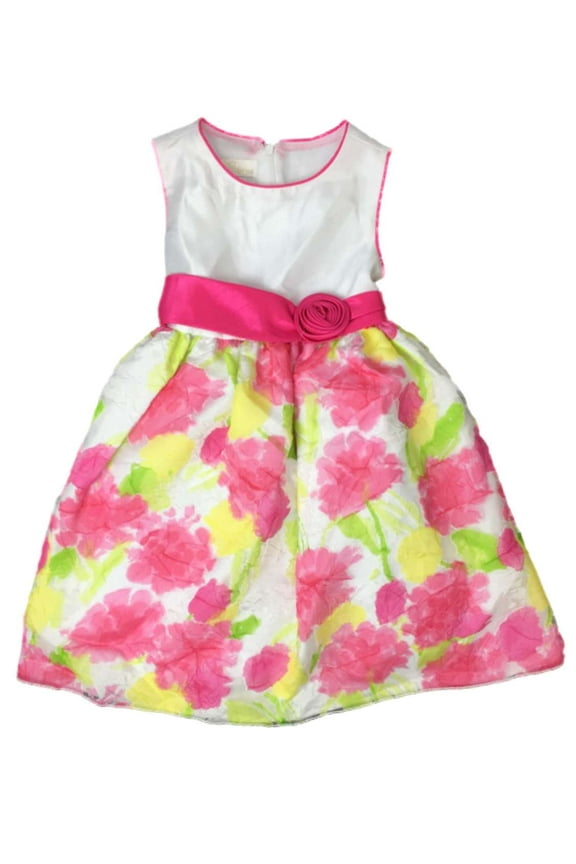 Girls Pink & Yellow Watercolor Rose Party Dress Flower Girl 6