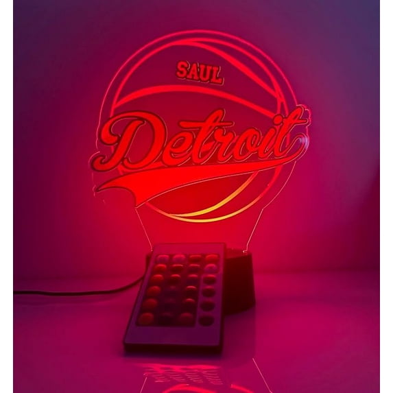 American Pro Basketball Sports Fan Team Sports Themed Ball Lamp Night Light LED Personalized Free Name Room Man Cave Decor 16 Colors & Remote, Made in America! (Detroit)