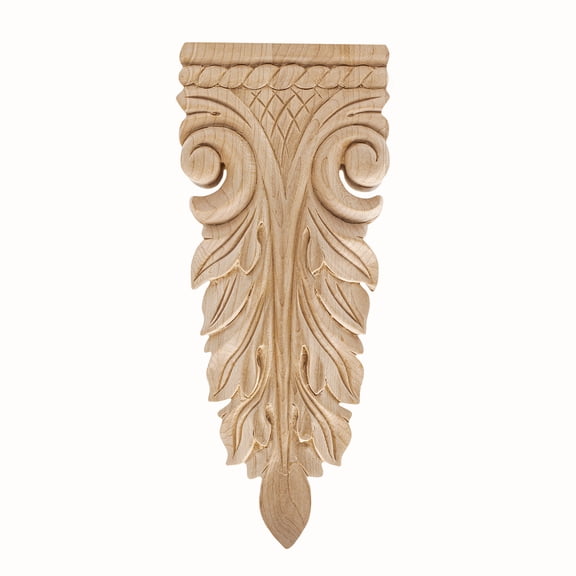 Outwater 3-7/8 in. W x 9-1/4 in. H Hand Carved Solid North American Hard Maple Acanthus Wood Deco Applique, Unfinished Decorative Wall Onlay Trim