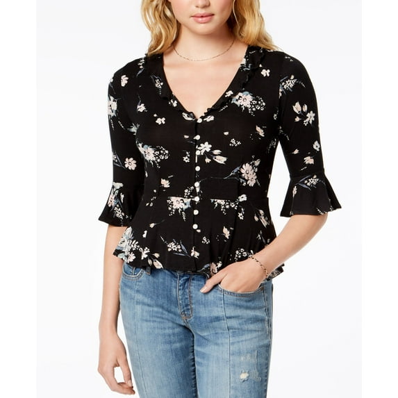 American Rag Juniors Bell Sleeve Peplum Top Black Combo 2XS