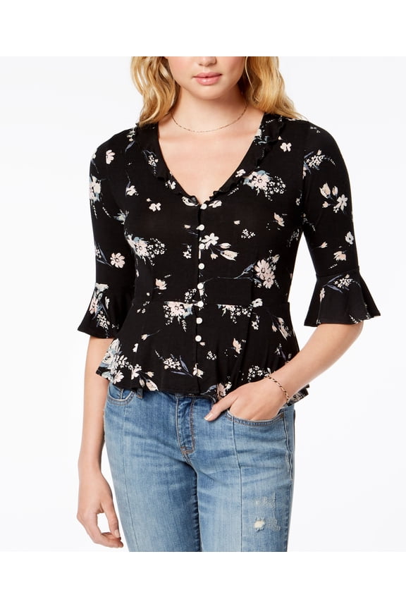 Juniors Bell Sleeve Peplum Top Black Combo 2XS