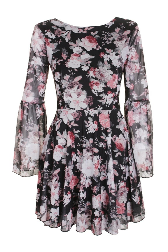Juniors Black Floral Print U-Back High-Low Fit & Flare Dress S