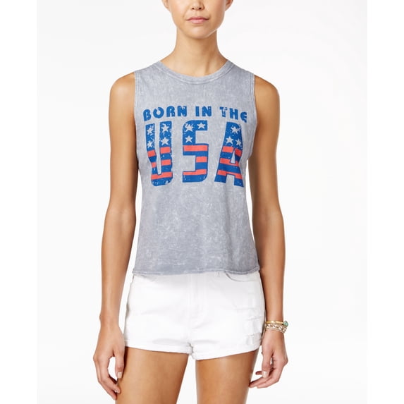 American Rag Juniors' Born in The USA Flag Graphic High-Low Tank Top (Light Heather, L)