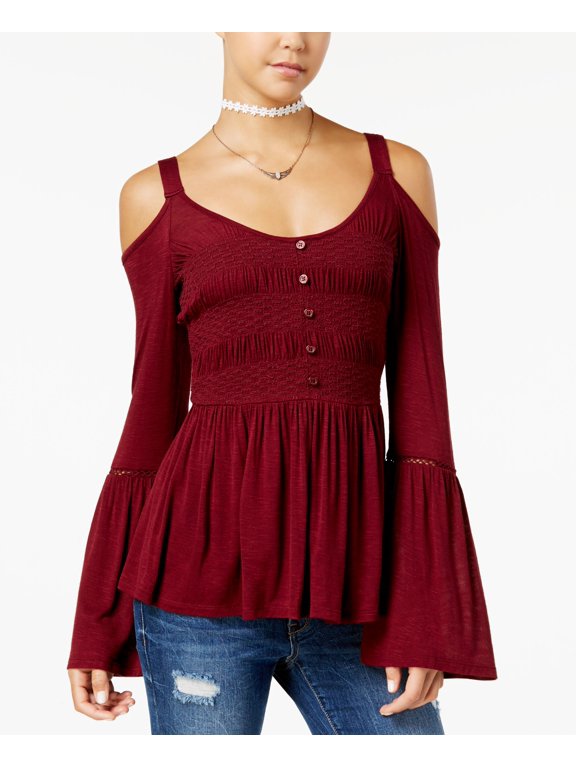 Juniors Cold Shoulder Bell Sleeve Top Banner Red L