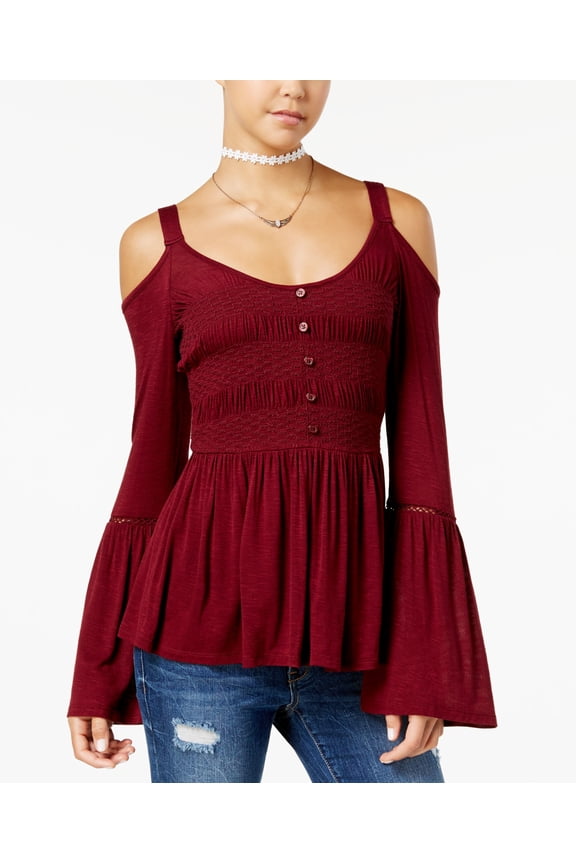 Juniors Cold Shoulder Bell Sleeve Top Tile Red M