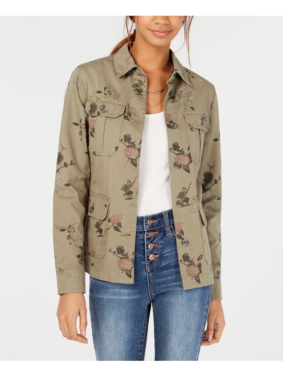 Juniors Cotton Floral Camo Trucker Jacket Dusty Olive Combo XS
