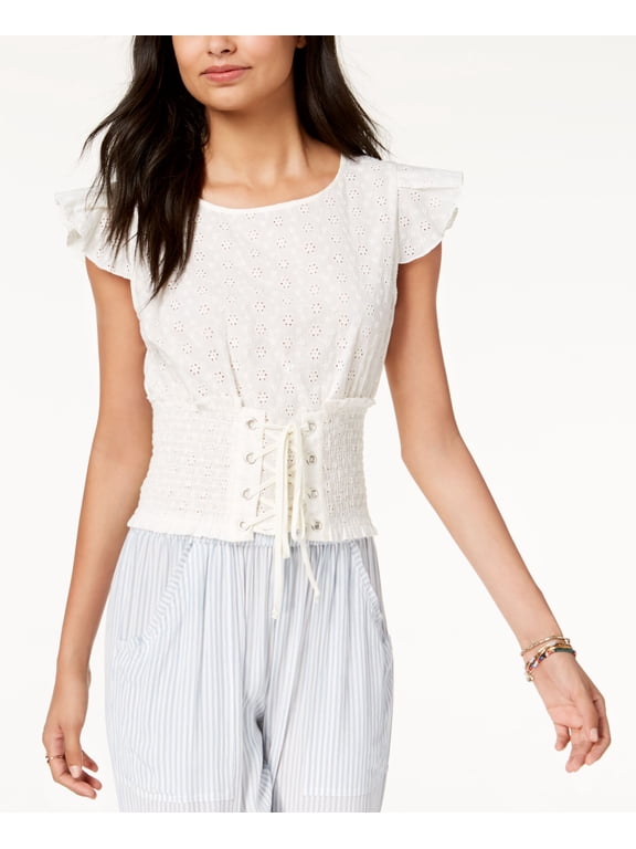 Juniors' Cropped Eyelet Corset Top (Cream, XXS)