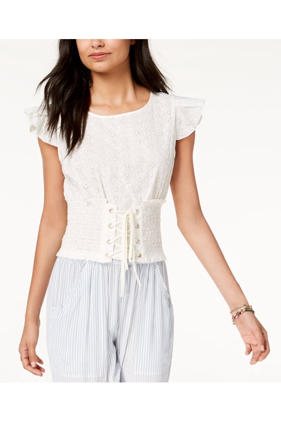 Juniors' Cropped Eyelet Corset Top (Cream, XXS)