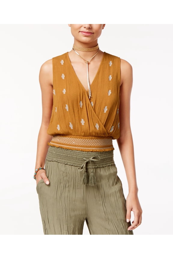 Juniors Embroidered Surplice Tank Top Mustard XS