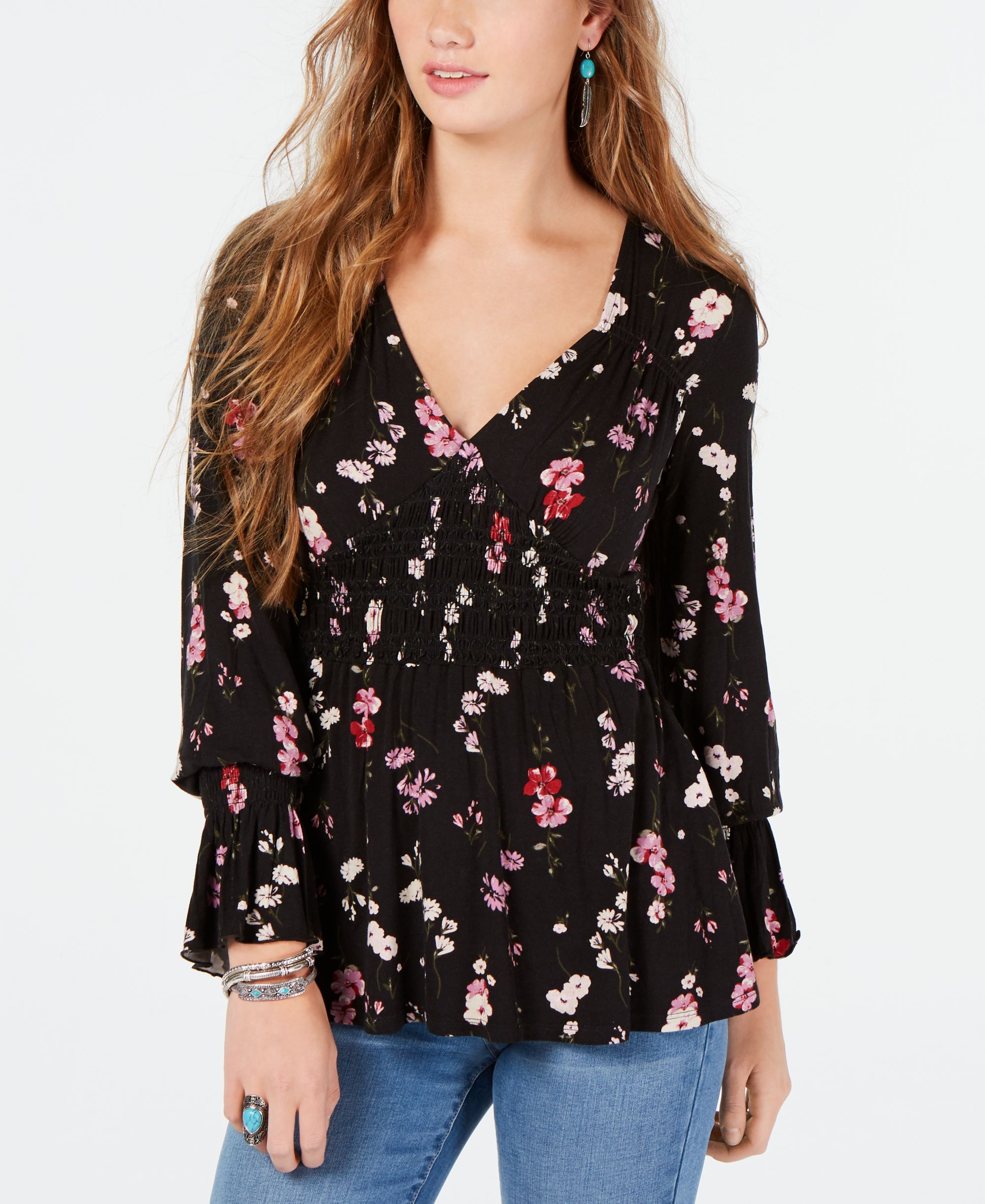 American Rag Juniors Floral Print Bell Sleeve Top Black Combo L ...