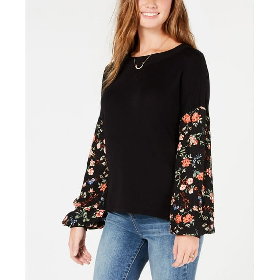 American Rag Juniors Floral Print Contrast Sweater Black Combo S