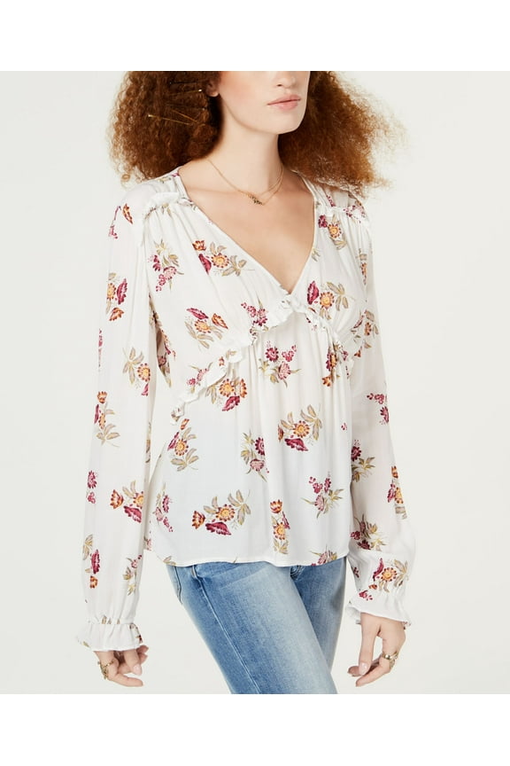 Juniors' Floral-Print Ruffle-Trim Top (Egret, S)