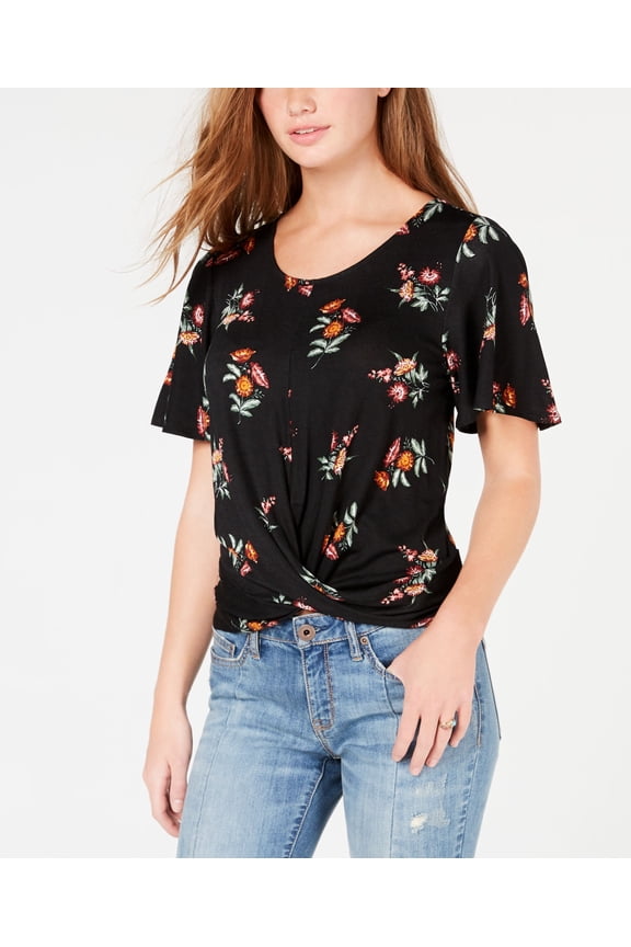 Juniors Floral Print Twist Front Top Black Combo XL