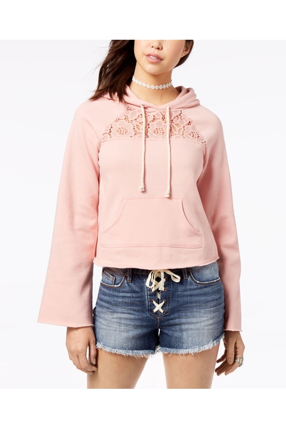Juniors Lace Trim Bell Sleeve Hoodie Pink XL