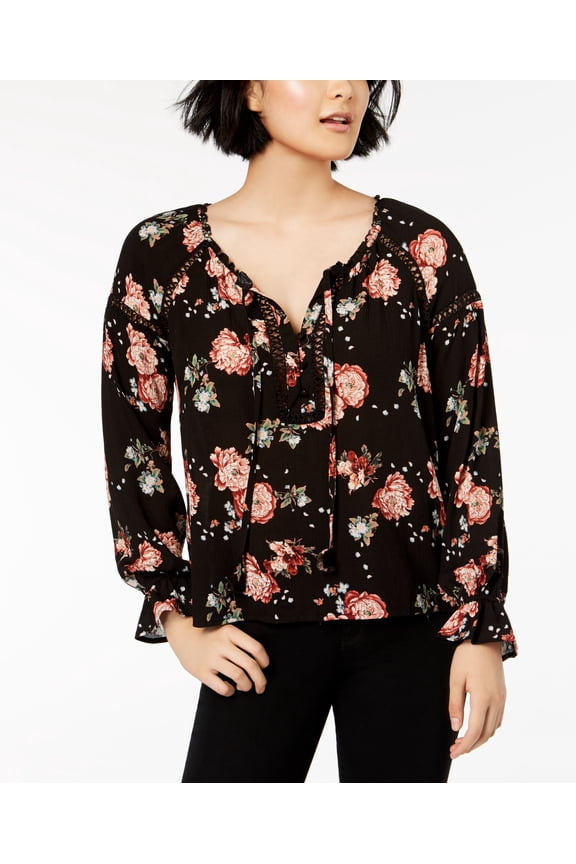 Juniors Lace Trimmed Poet Blouse Black Combo XS