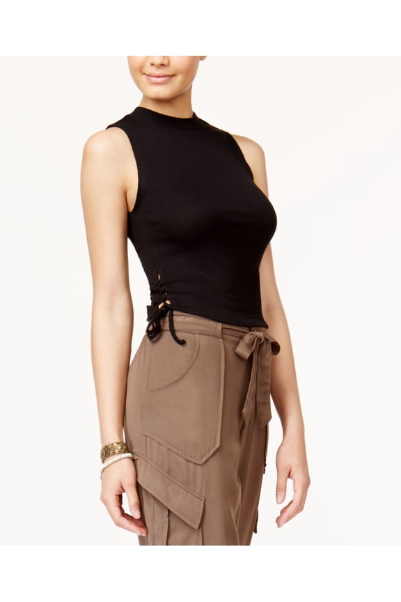 Juniors Lace-up Crop Top Black, L shirt MSRP $39 Black L