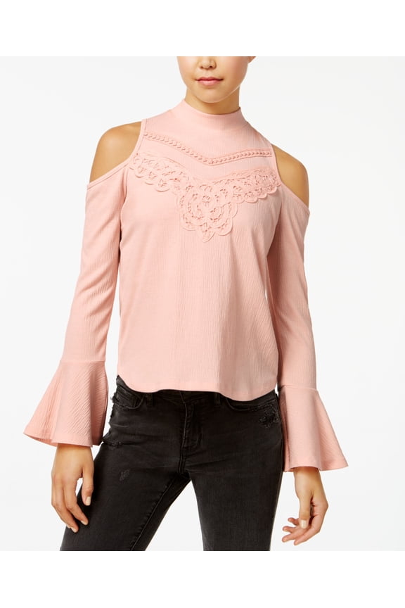Juniors Mock Neck Cold Shoulder Crepe Top Pink XL