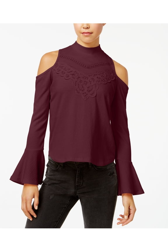 Juniors Mock Neck Cold Shoulder Crepe Top Red 2XL