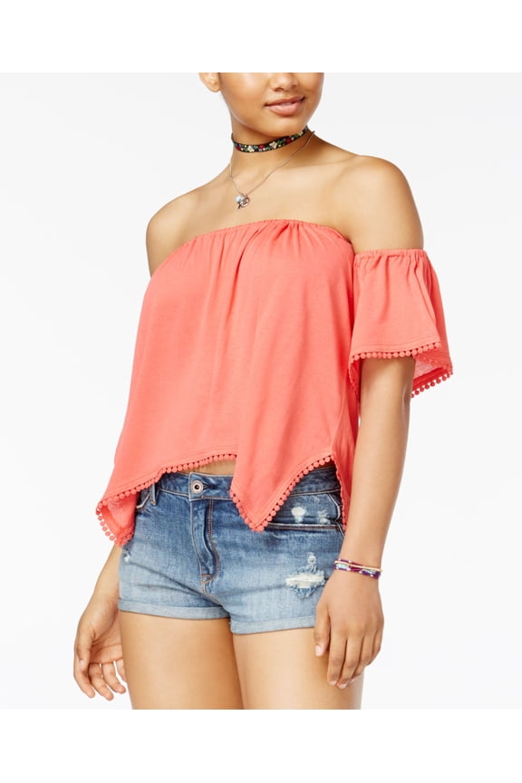 Juniors Off The Shoulder Crop Top Coral M