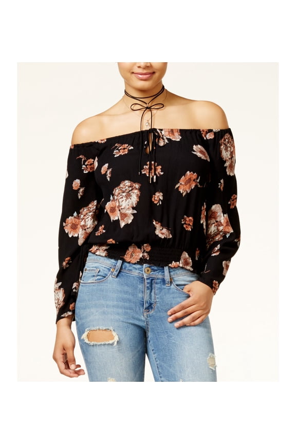 American Rag Juniors Off The Shoulder Cropped Peasant Top Black Floral S
