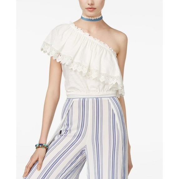 American Rag Juniors' One-Shoulder Crochet Ruffle Crop Top One White X-Large Womens