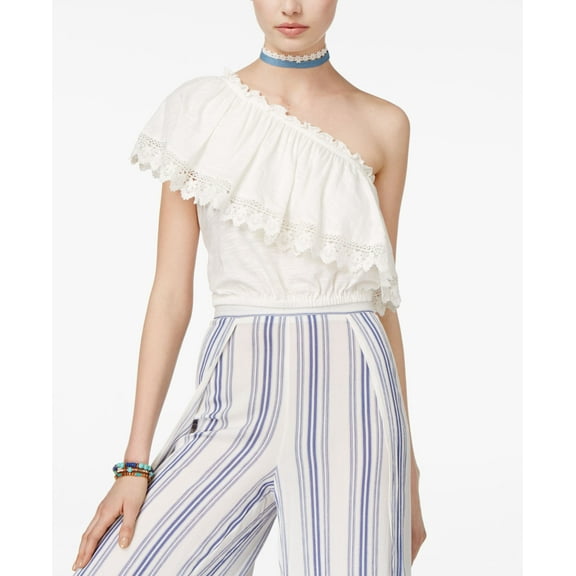 American Rag Juniors' One-Shoulder Crochet Ruffle Crop Top One White X-Large Womens