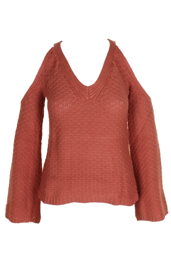 Juniors Orange Clay Bell-Sleeve Cold-Shoulder V-Neck Sweater L