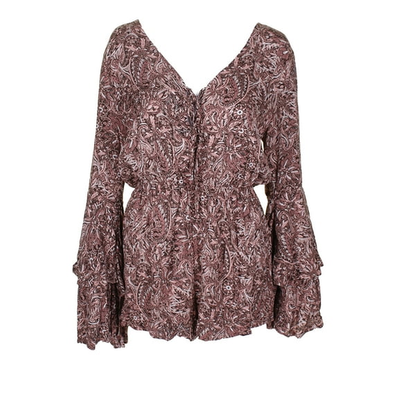 American Rag Juniors Pink Brown Paisley Print Lace-Up V-Neck Bell-Sleeve Romper