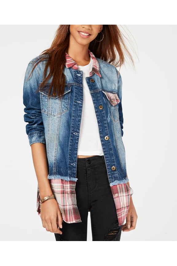 Juniors Plaid Denim Jacket Denim Plaid XS