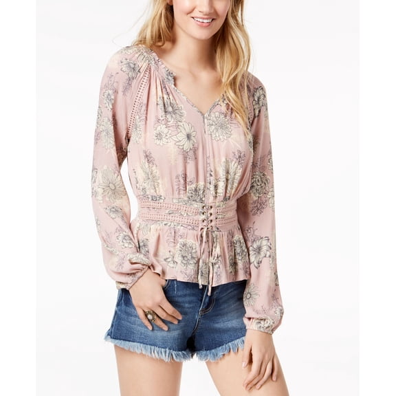 American Rag Juniors Printed Corset Front Crochet Trimmed Blouse Soft Mauve Combo 2XL