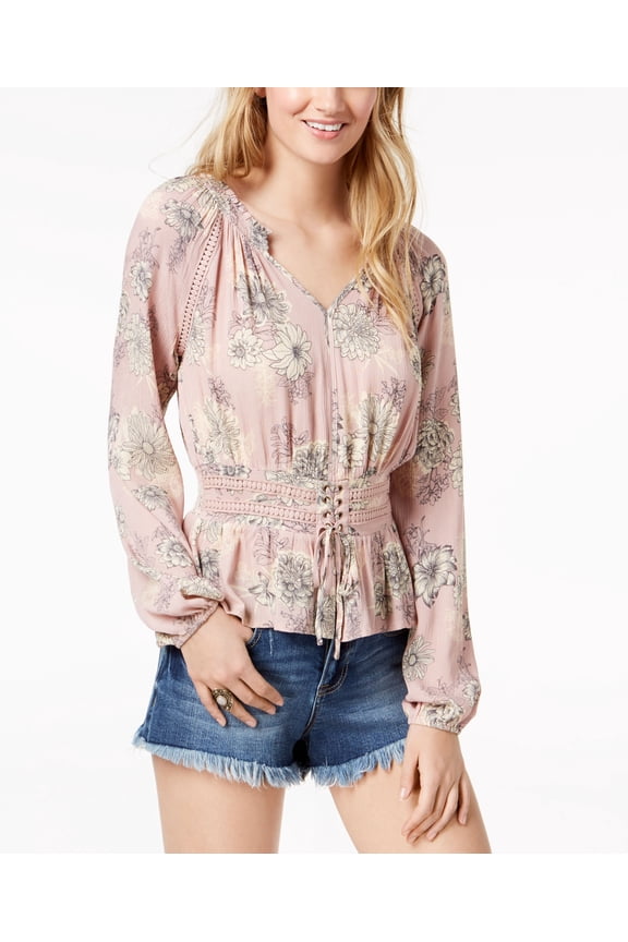 Juniors Printed Corset Front Crochet Trimmed Blouse Soft Mauve Combo 2XL