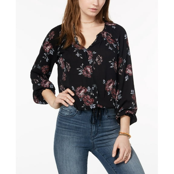 American Rag Juniors Printed Drawstring Hem Blouse Classic Black Combo L