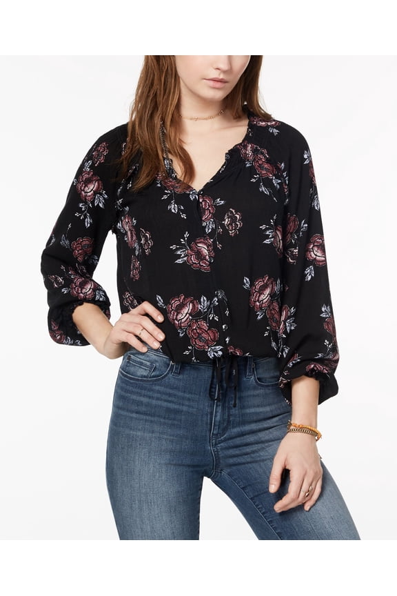 Juniors Printed Drawstring Hem Blouse Classic Black Combo L