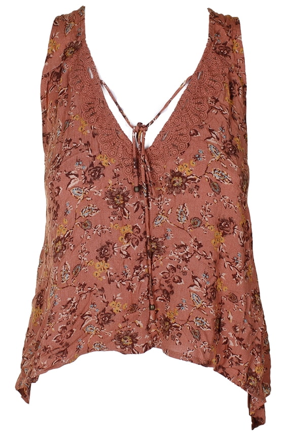 Juniors Printed Lace Trim Top Orange Combo XS