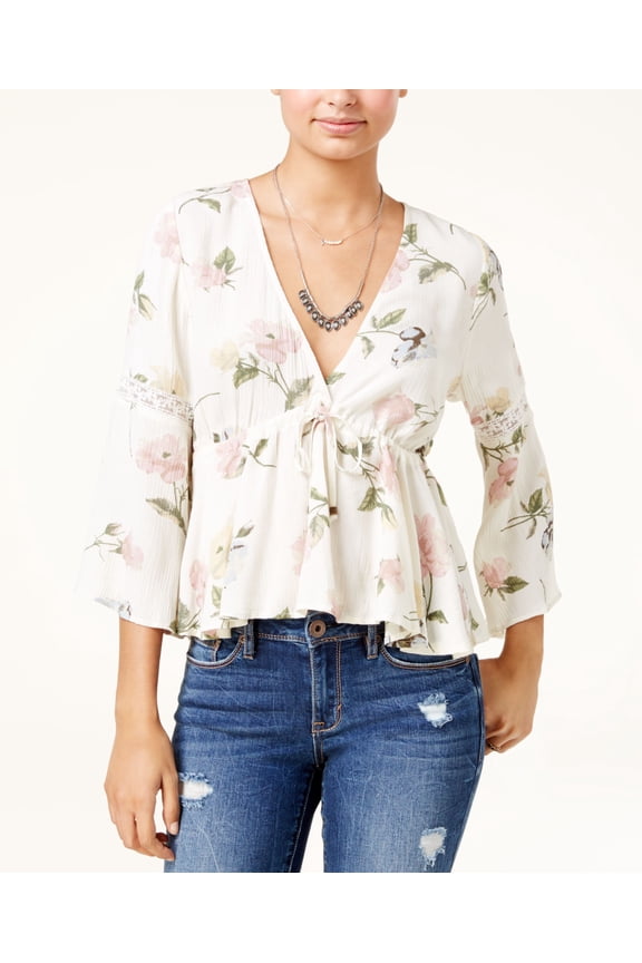 Juniors Printed Lace Up Date Night Blouse Floral 2XL