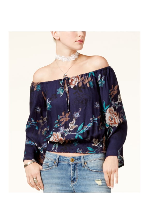 Juniors Printed Off The Shoulder Crop Top Blue Floral M