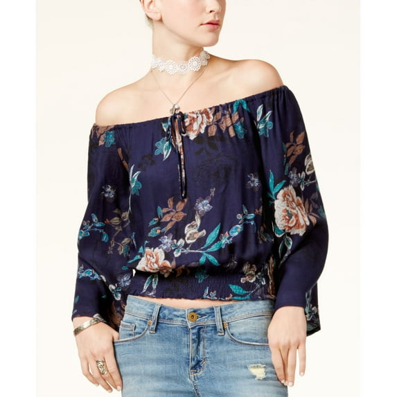 American Rag Juniors Printed Off The Shoulder Crop Top Blue Floral XL