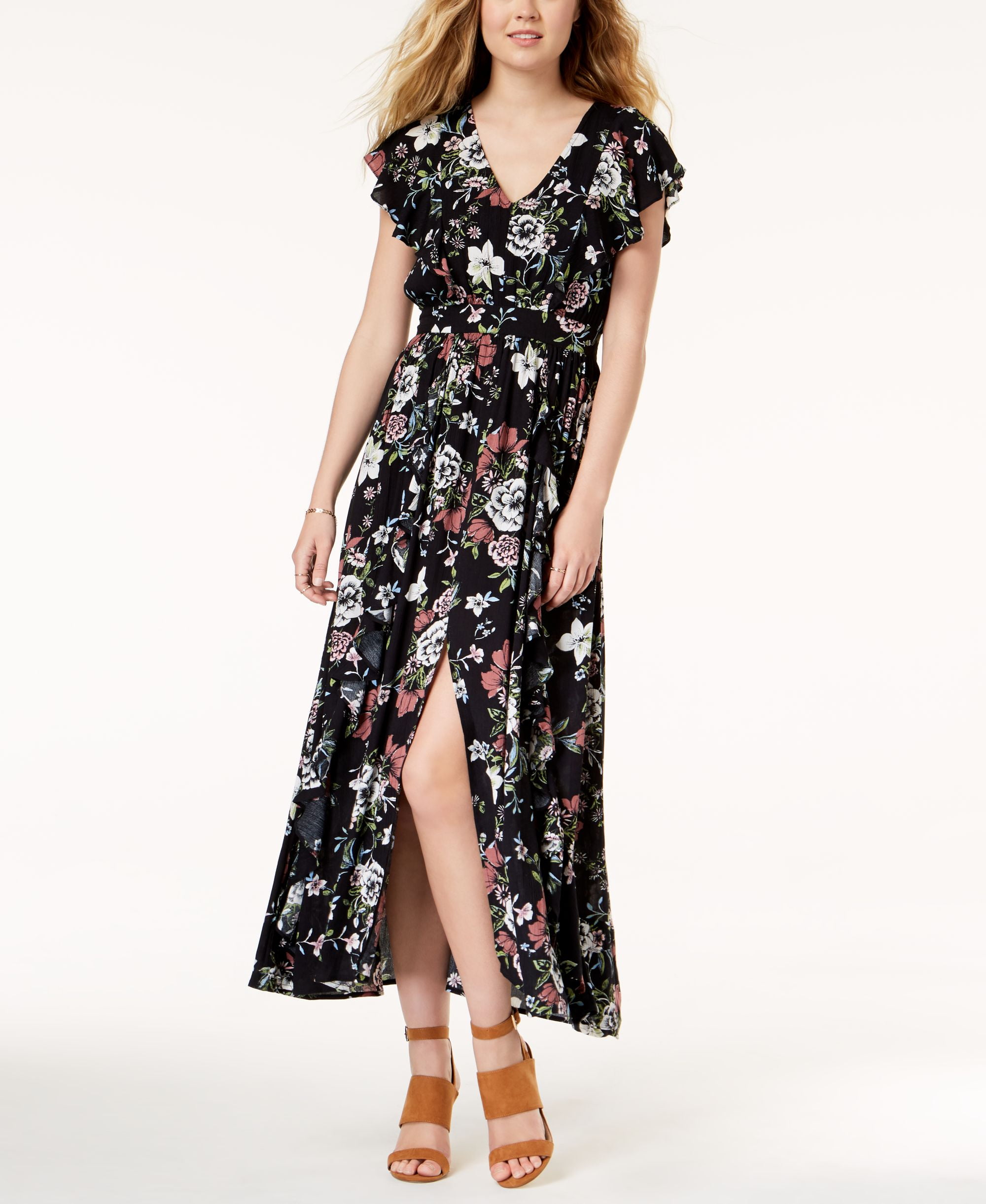 American Rag Juniors Printed Ruffled Maxi Dress Classic Black Combo S