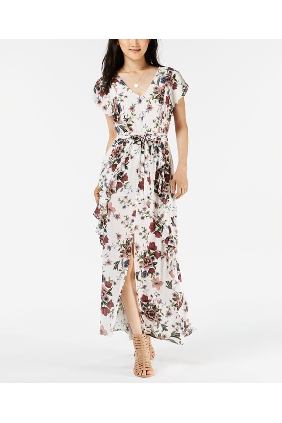 Juniors Printed Ruffled Maxi Dress Egret Combo L