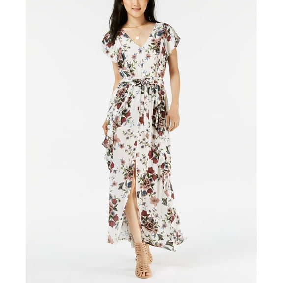 American Rag Juniors Printed Ruffled Maxi Dress Egret Combo L