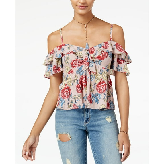 American Rag Juniors Printed Ruffled Off The Shoulder Top Pink Combo XS