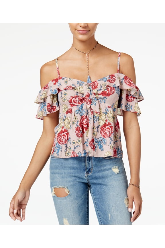 Juniors Printed Ruffled Off The Shoulder Top Pink Combo XS