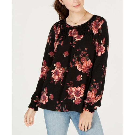 American Rag Juniors Printed Smocked Top Classic Black Combo 2XS