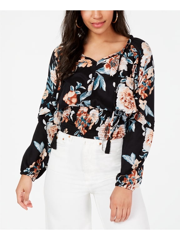 Juniors Printed Smocked-waist Blouse,Black,2XS