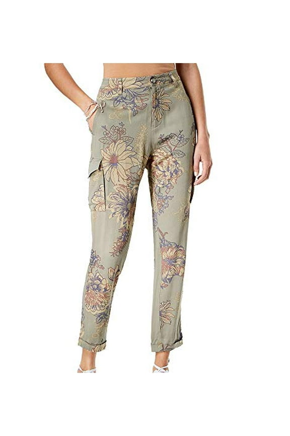 Juniors' Printed Soft Cropped Cargo Pants Silver Sage Combo XL