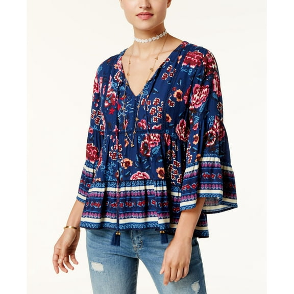 American Rag Juniors Printed Swing Peasant Top Blue Combo M