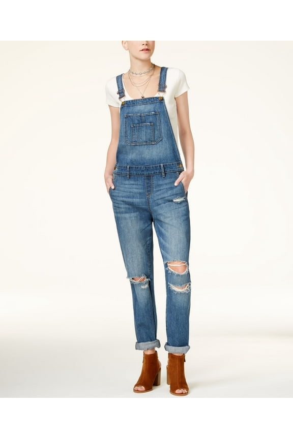 Juniors Ripped Cuffed Overalls Denim 13