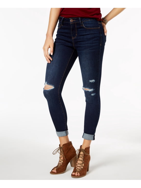 Juniors Ripped Cuffed Skinny Jeans Dark Denim 11