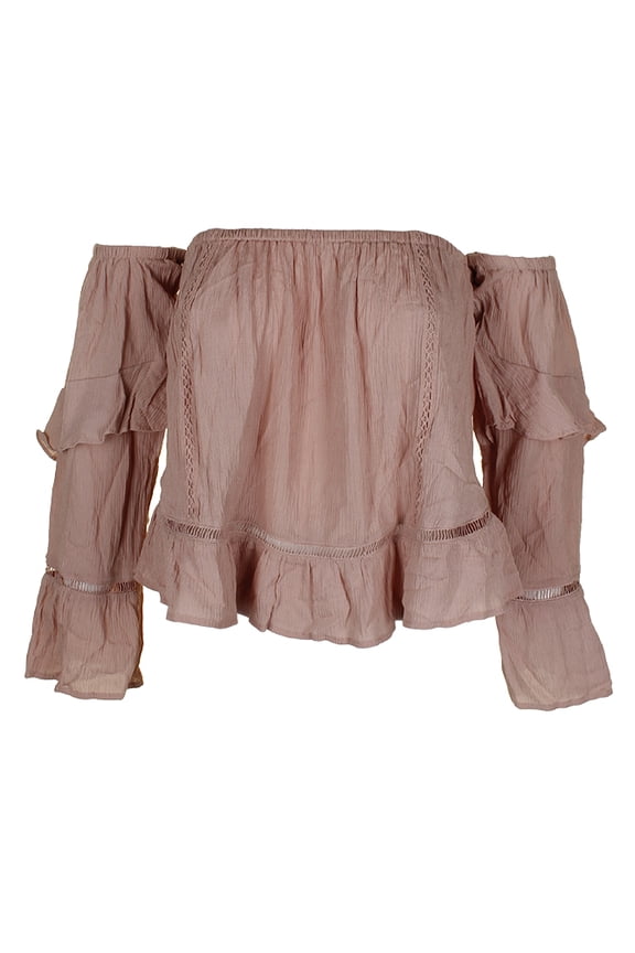 Juniors Rose Off-The-Shoulder Crochet-Trim Ruffle-Sleeve Blouse M